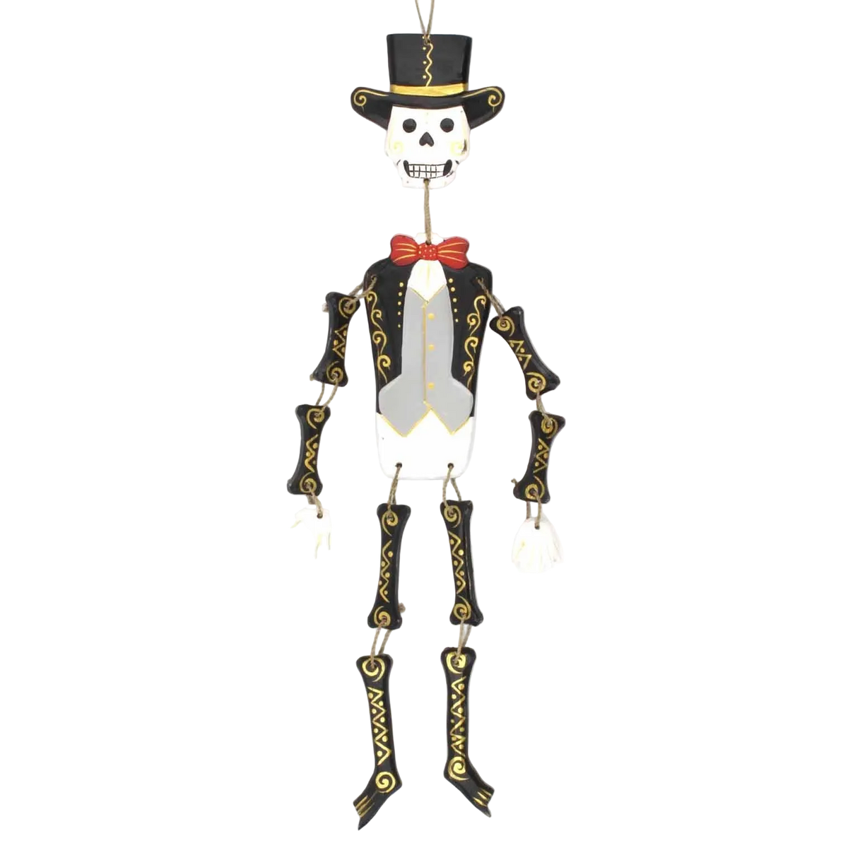 Hand-painted wooden Day of the Dead skeleton figure with dangling legs, carved in Bali