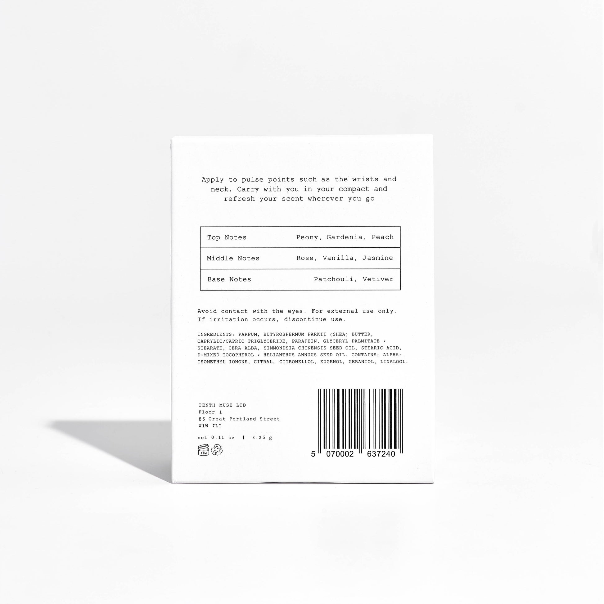 Back of Date Night Solid Perfume Balm packaging showing ingredients list and product information