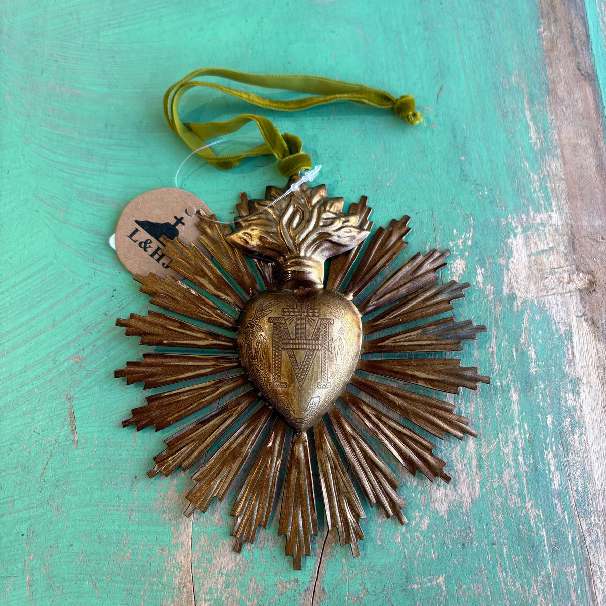 Small gold-tone Sacred Heart sun rays ornament, made in India