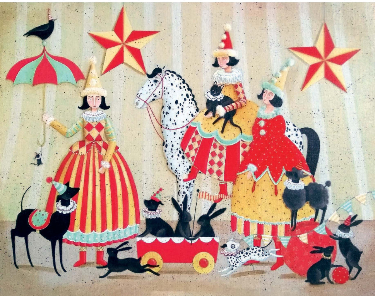 Jane Winton circus Christmas card, Season's Greetings inside