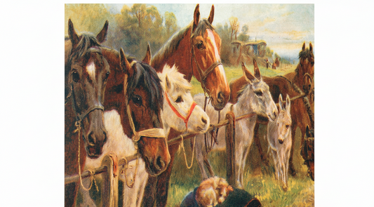 Greetings card with Painting of horses in a field with a dog lying on the ground.