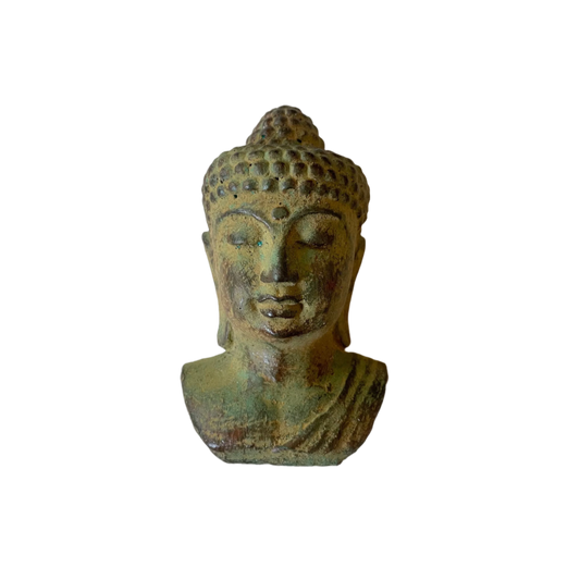 Cast sandstone Buddha head ornament with soft green finish, hand-crafted in Bali