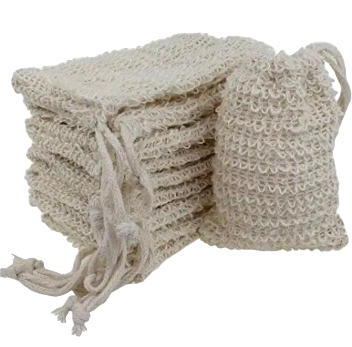 Stack of beige crochet bags on a light gray background