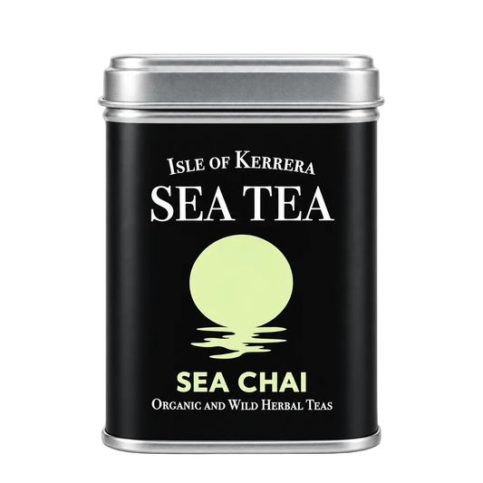 A rectangular metal tin of Isle of Kerrera Sea Chai tea on a plain white background. 