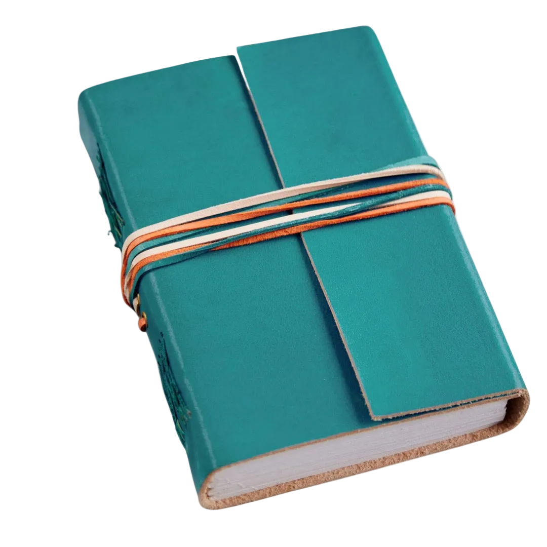 Teal leather notebook with a colorful strap 