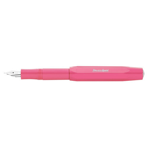 Kaweco Skyline Sport fountain pen in pink, cap posted, showing the silver nib and chrome trim