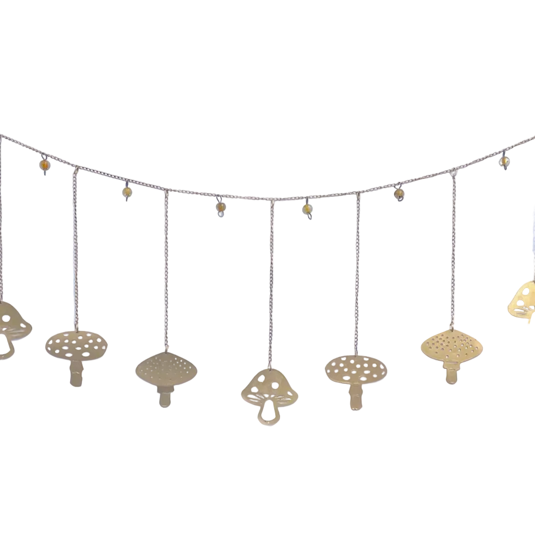 Decorative string gold-coloured garland with mushroom-shaped ornaments 