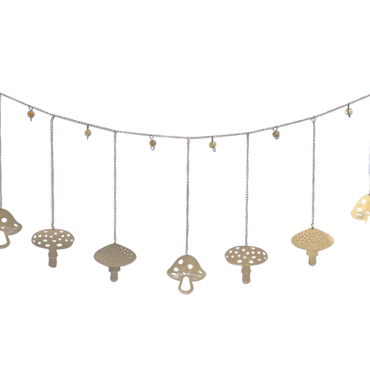 Decorative string gold-coloured garland with mushroom-shaped ornaments 