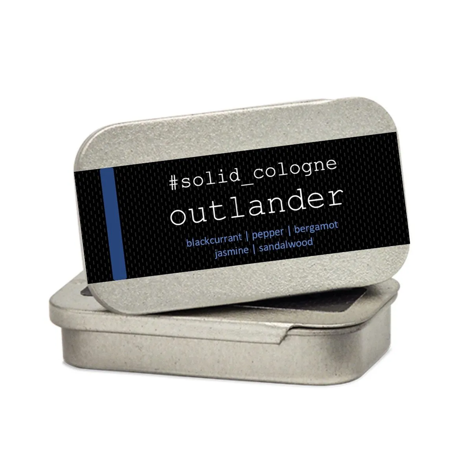 Outlander; sustainable solid cologne fragrance in rectangular tin with blue details