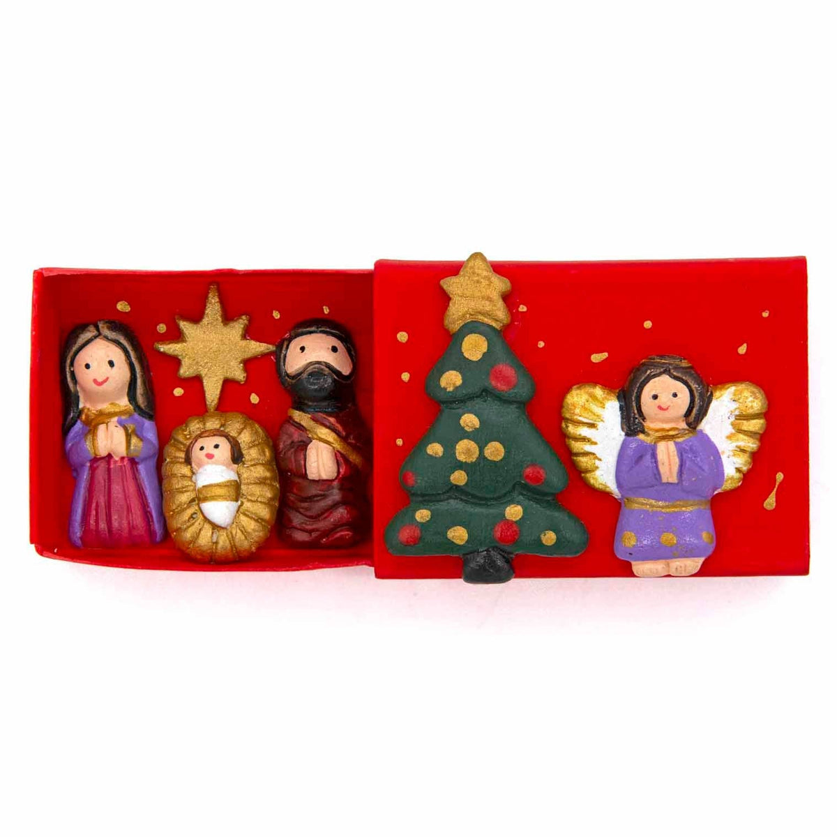 Miniature Peruvian nativity with angel in a matchbox