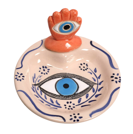 Ceramic Trinket Dish with Hand & Evil Eye Design