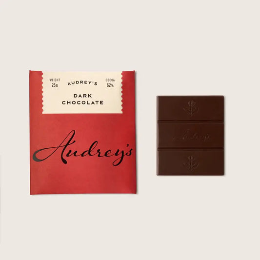 Audrey's Chocolates mini dark 62% chocolate bar, individually wrapped