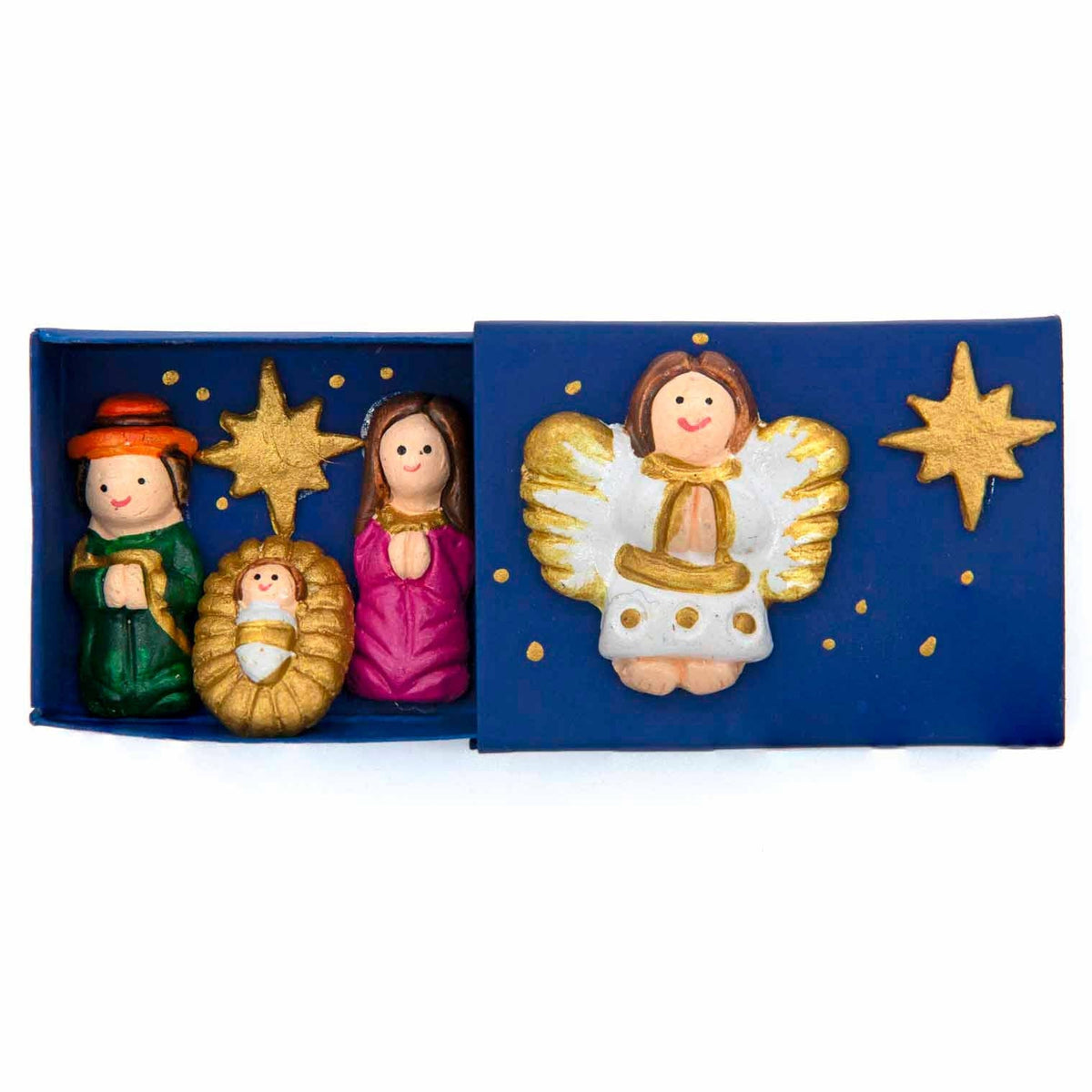 Open navy nativity matchbox showing the painted figures