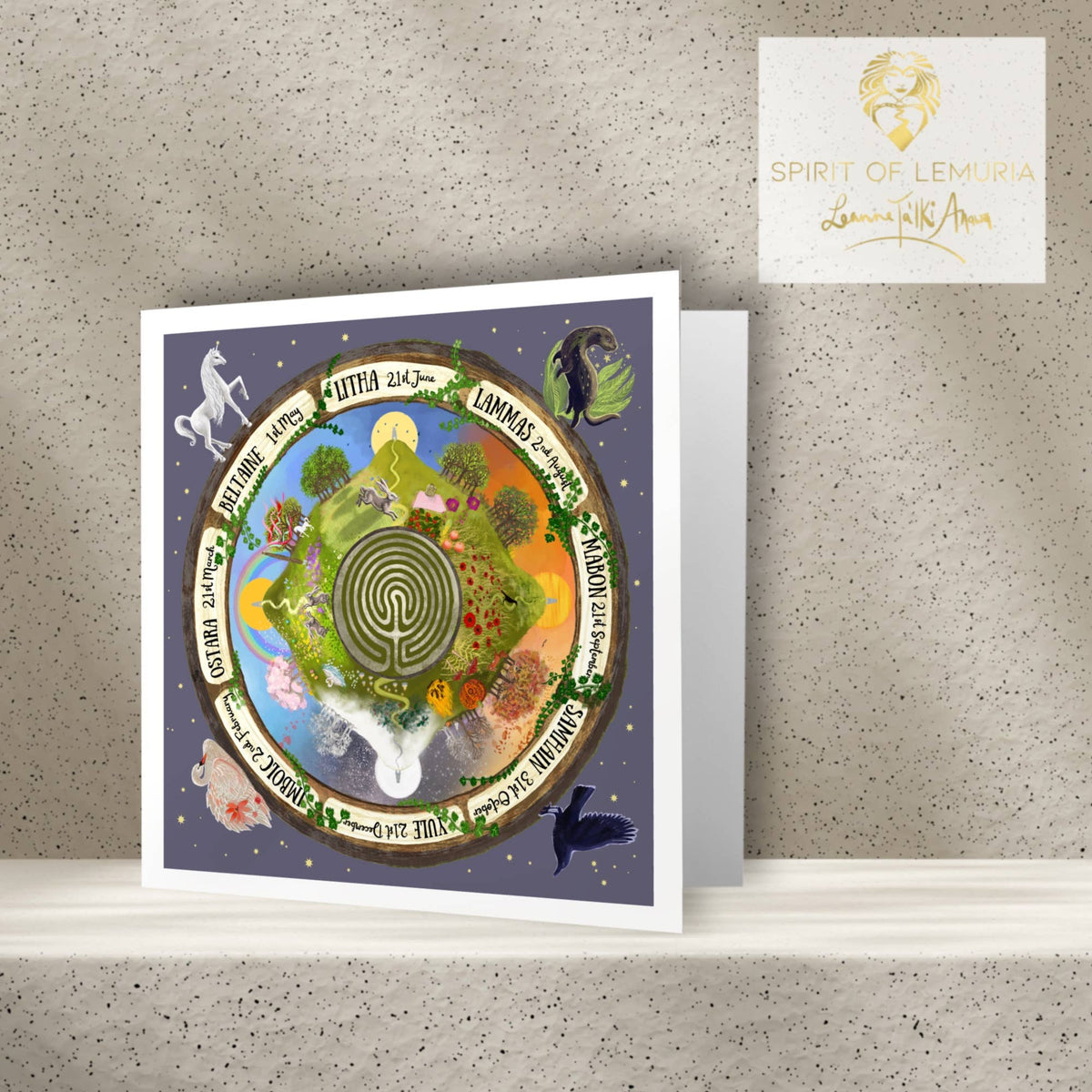 Avalon Wheel of the Year greetings card showing the eight seasonal festivals, by Leanne Ta'Iki Anawa