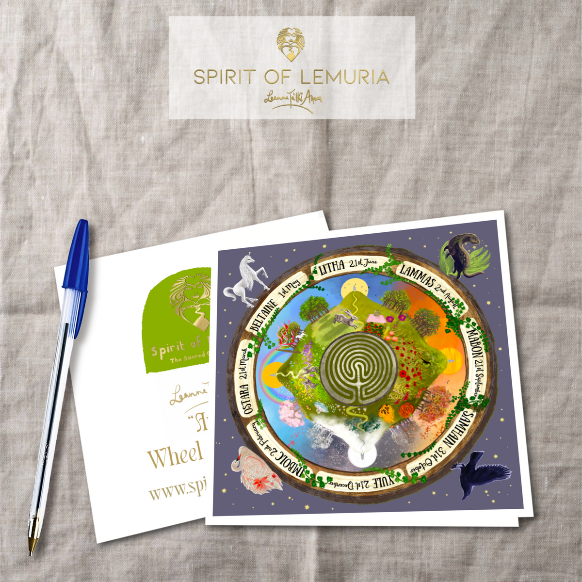 Avalon Wheel of the Year card by Spirit of Lemuria shown with its white envelope