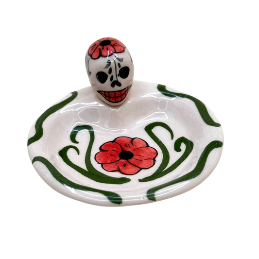 Hand-Painted Skull Pottery Dish – Ceramic Trinket or Incense Holder