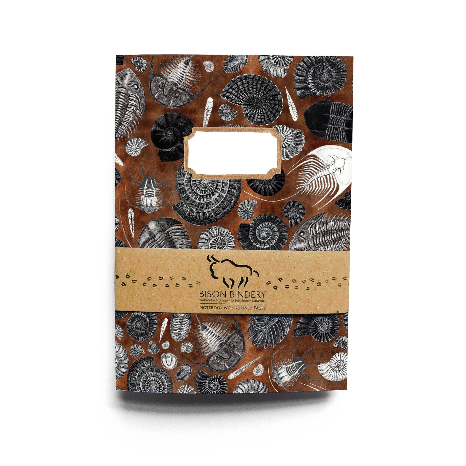 Notebook with fossil design and Bison Bindery branding on a white background