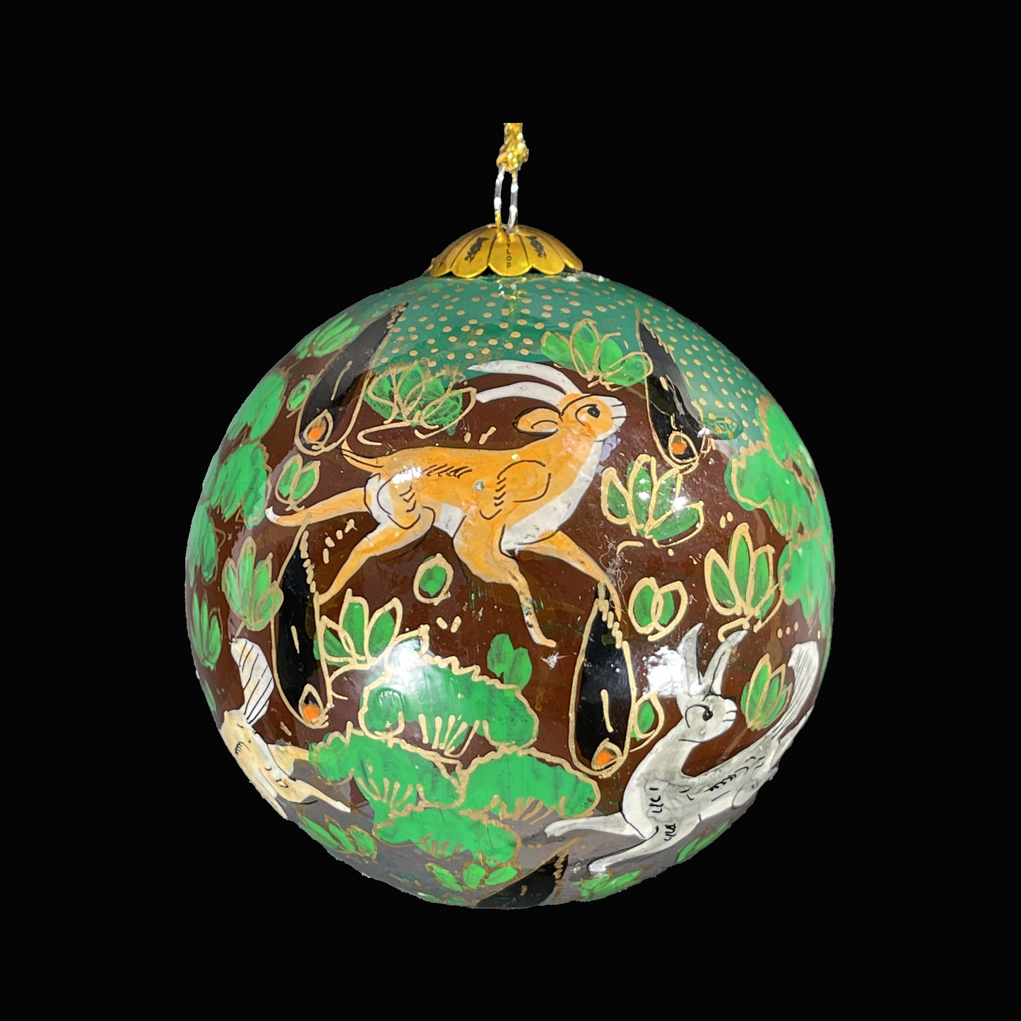 Decorative paper mache bauble with painted animal illustrations