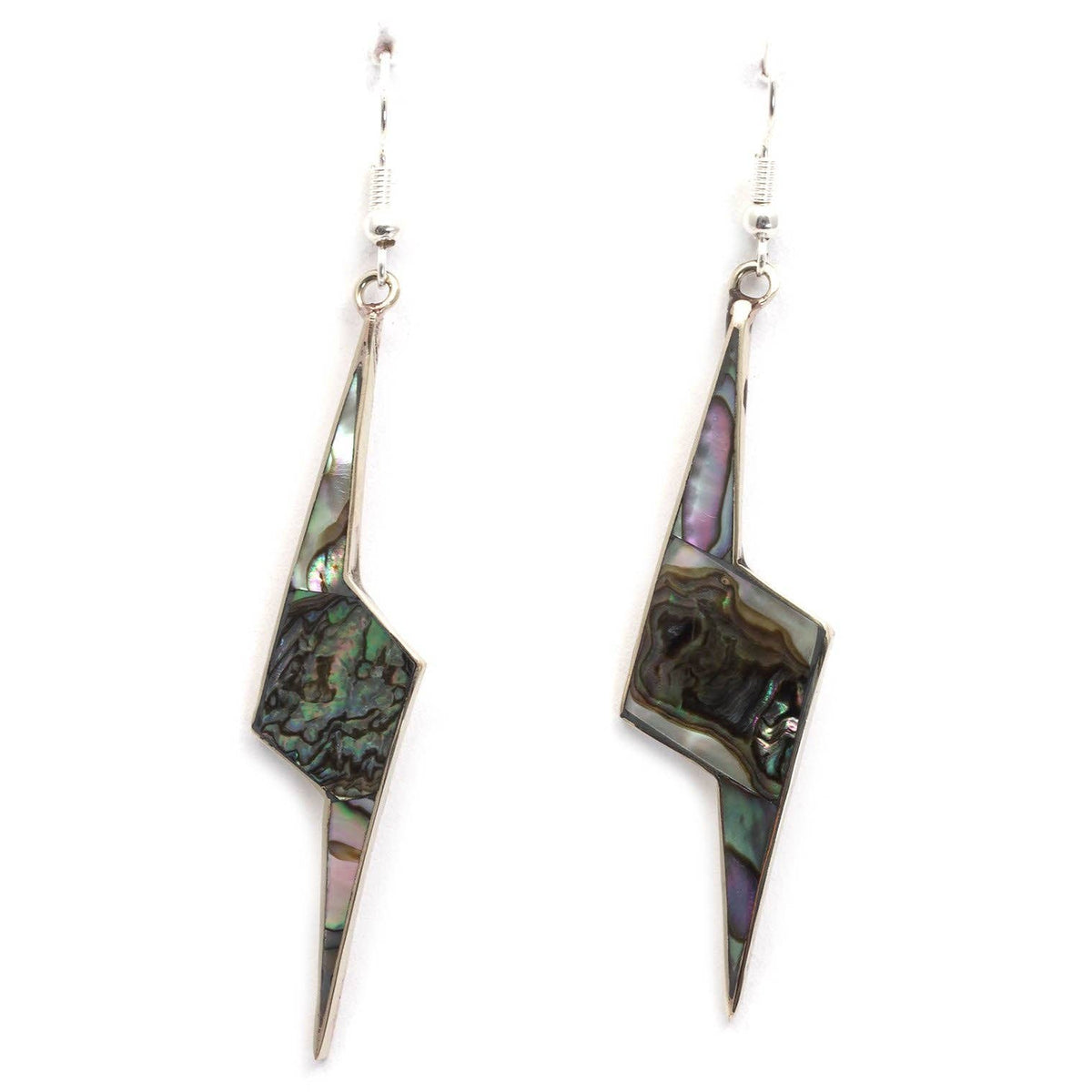 Thunderbolt earrings inlaid with abalone, handmade in Taxco