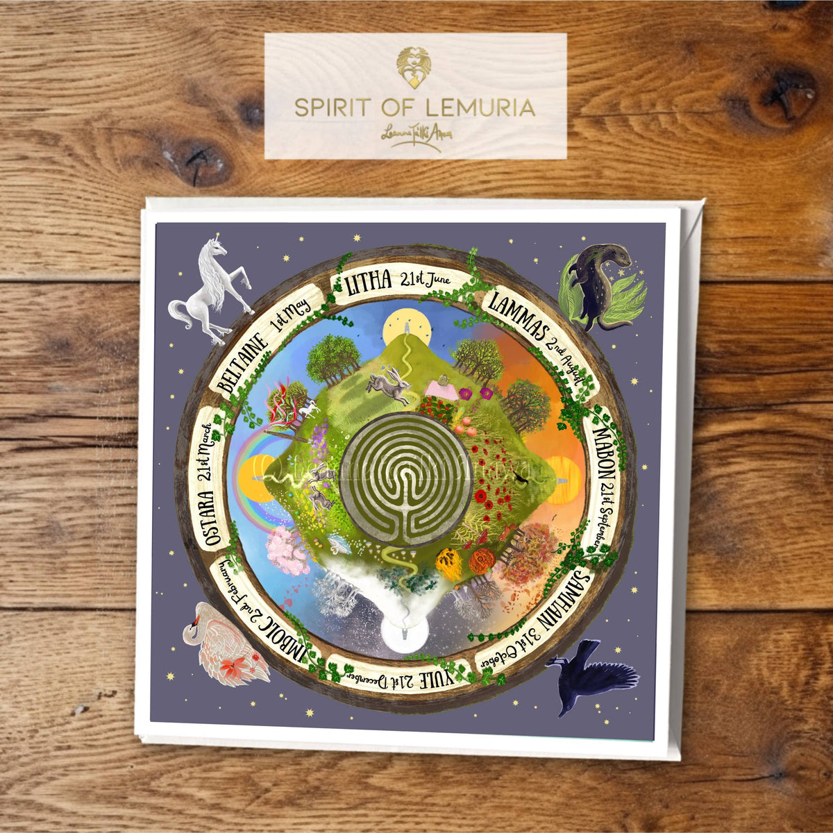 Avalon Wheel of the Year folk art card by Spirit of Lemuria, 140mm square