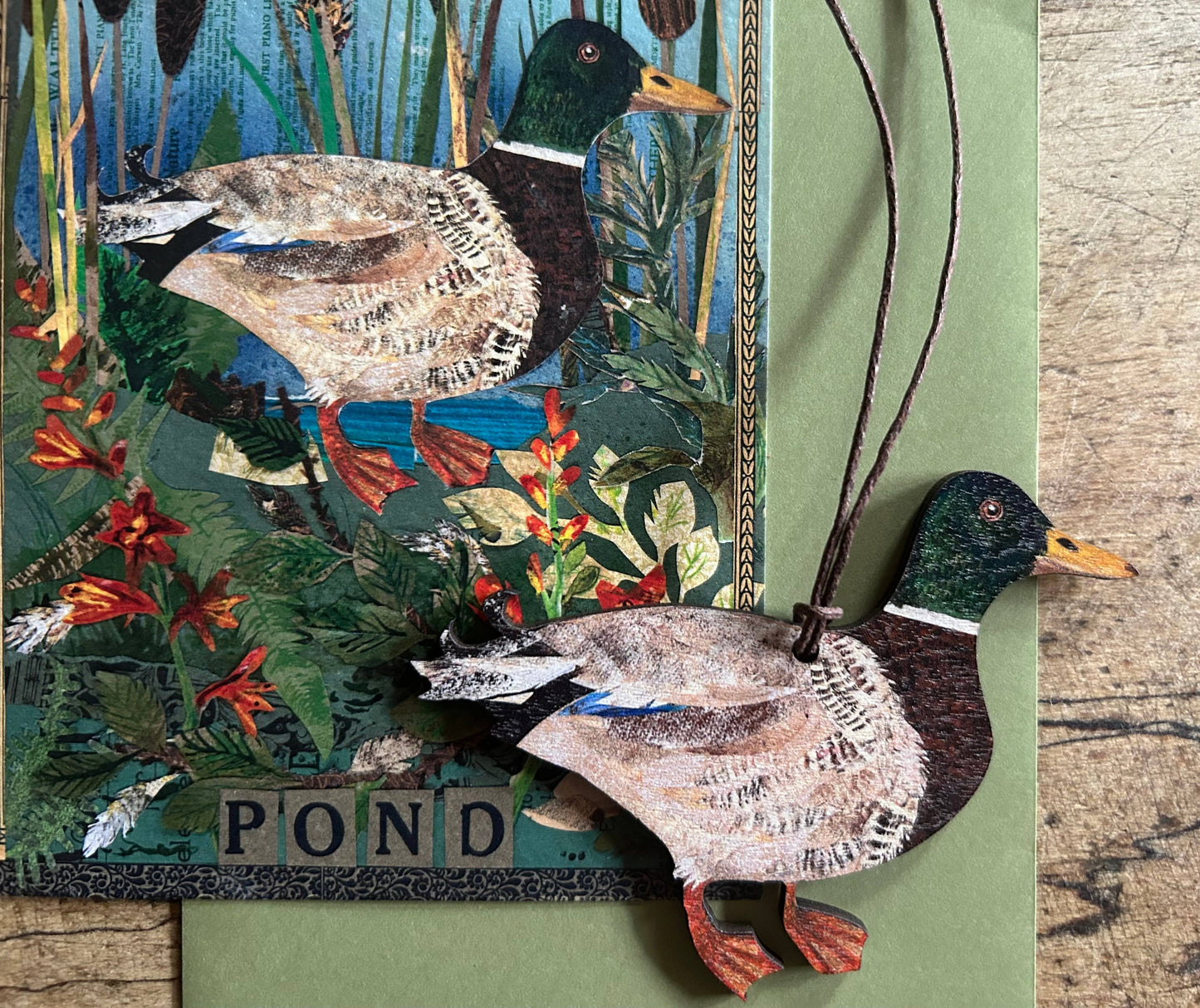 Collage of ducks and nature elements on a textured surface