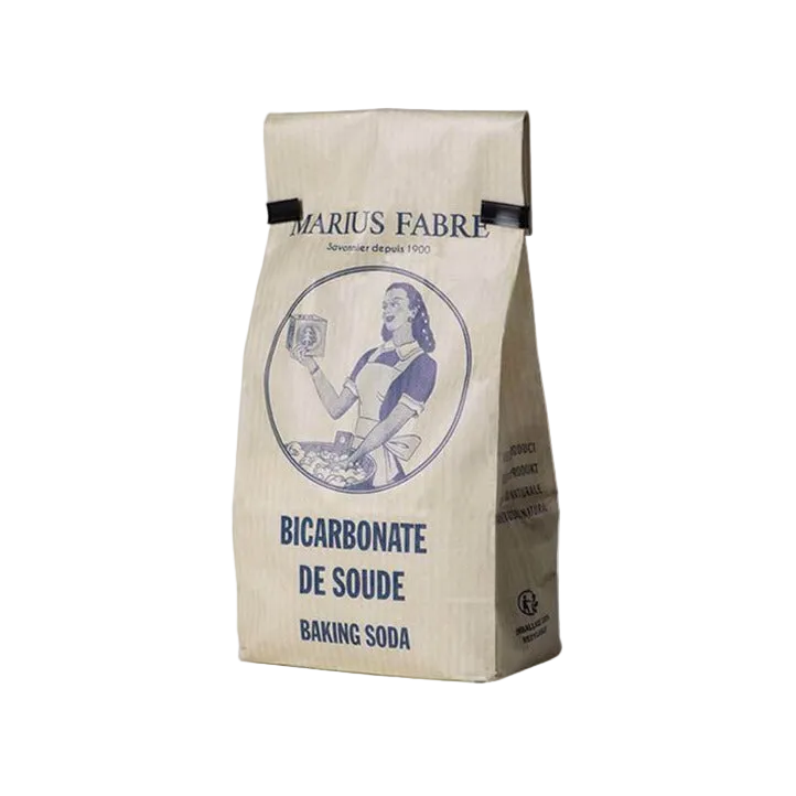 A package of Marius Fabre Bicarbonate of Soda, with a graphic depicting a person and text indicating the product name.