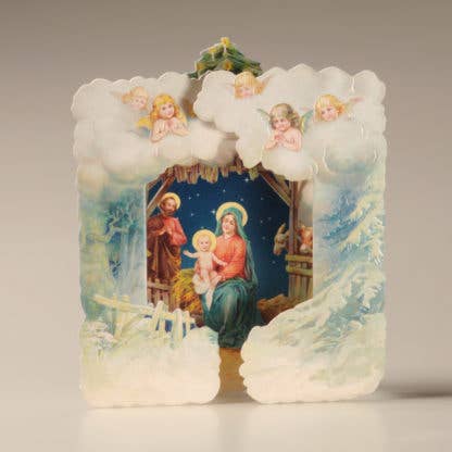 vintage style nativity scene 3D card with angels