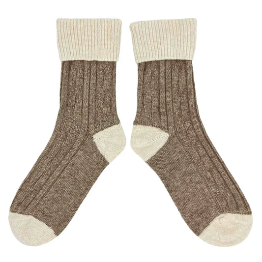 Pair of brown slouch cashmere socks with off white accents 