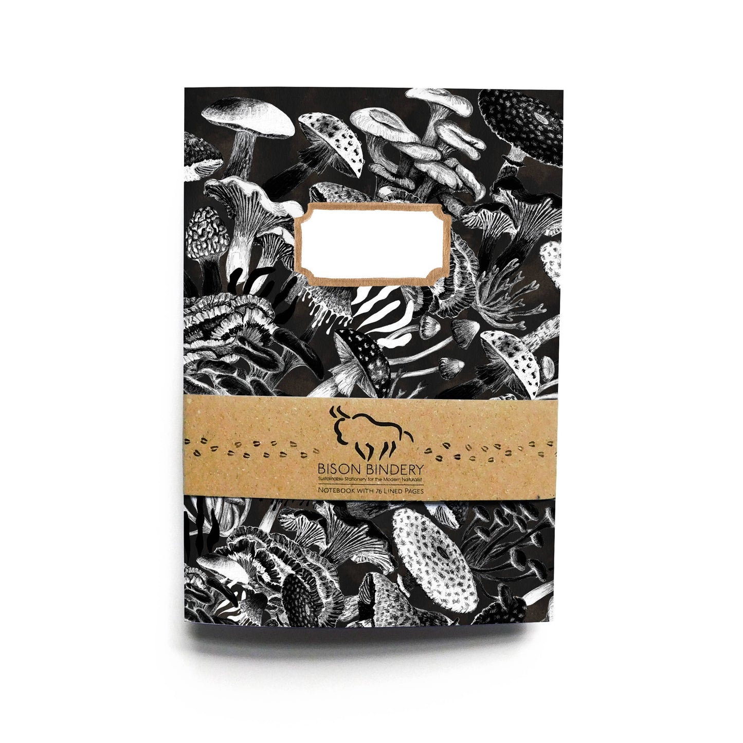 Notebook with black and white funghi design with brown band, featuring 'Bison Bindery' branding.