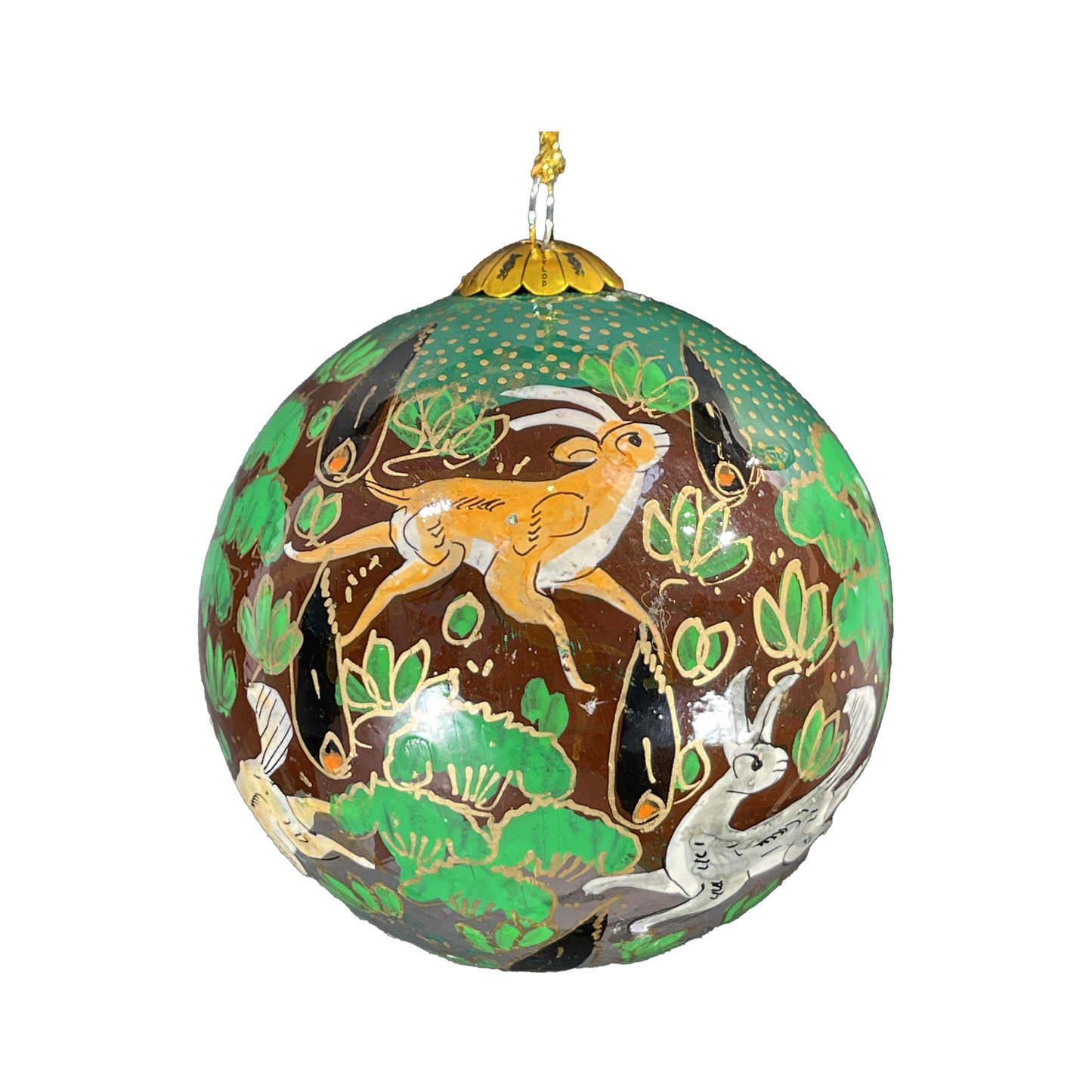 Decorative Christmas bauble with hand painted animal designs on a white background