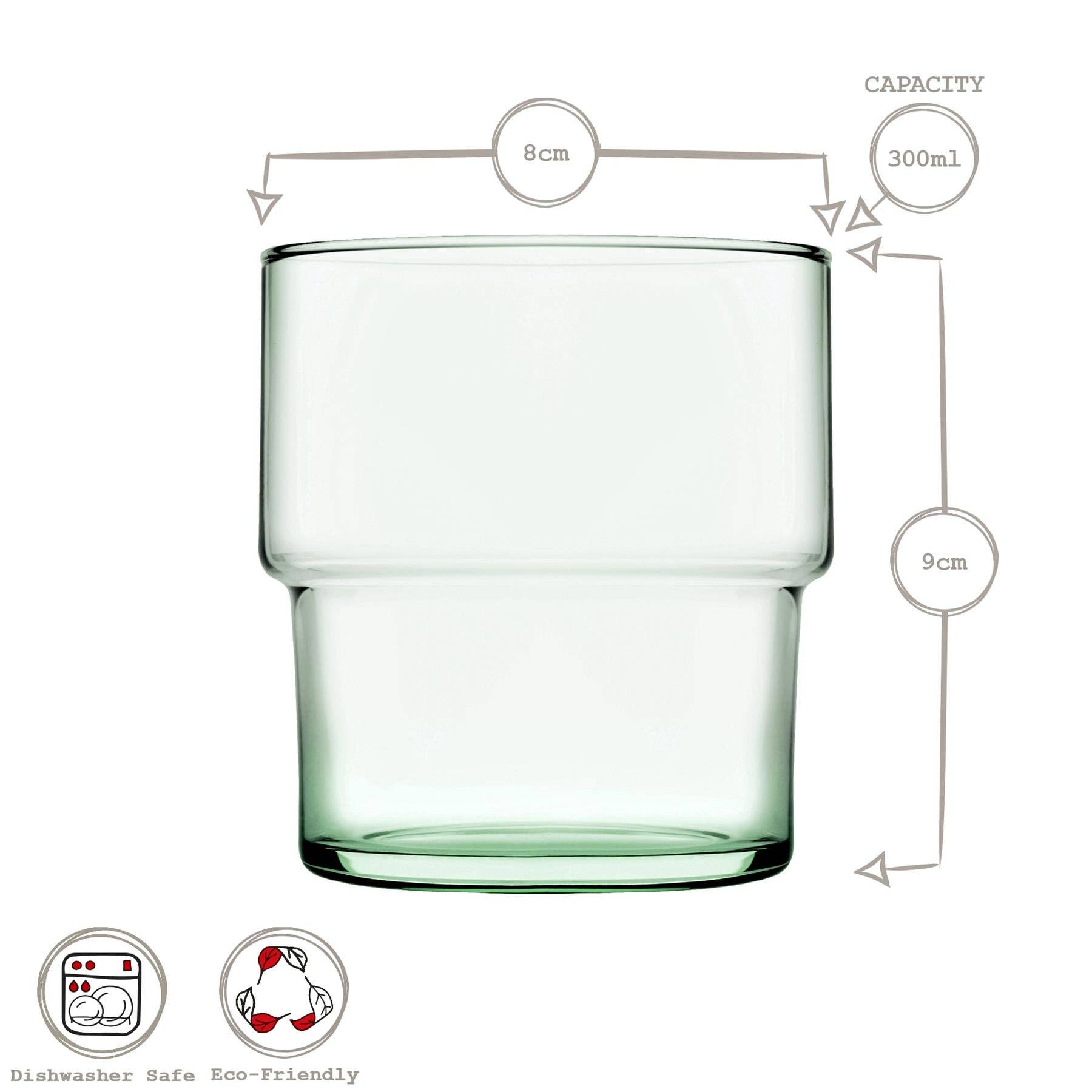 Green glass tumbler with measurements and icons indicating dishwasher safety and eco-friendliness on a white background.