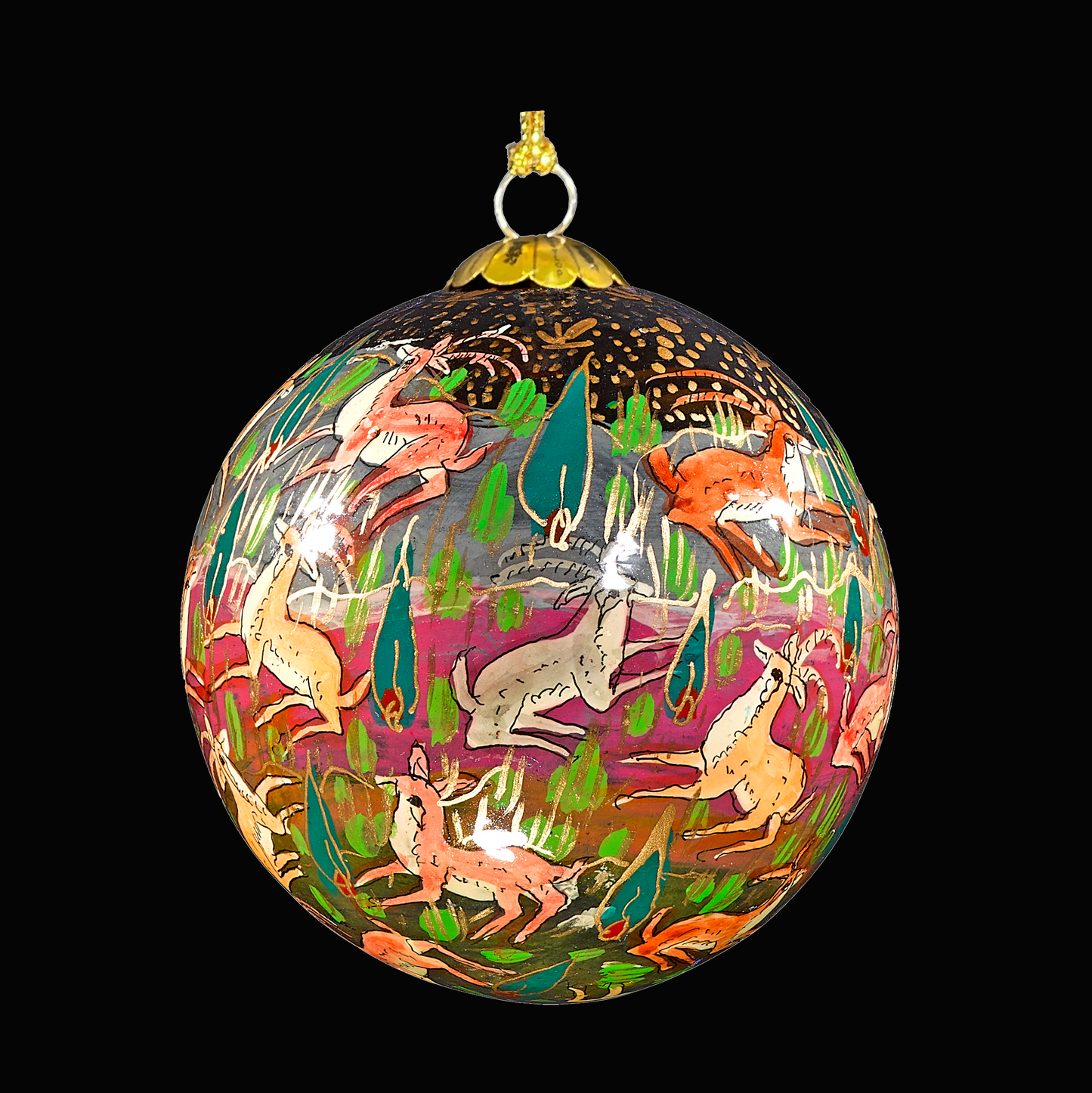 Decorative Christmas hanging bauble with animal illustrations on a black background