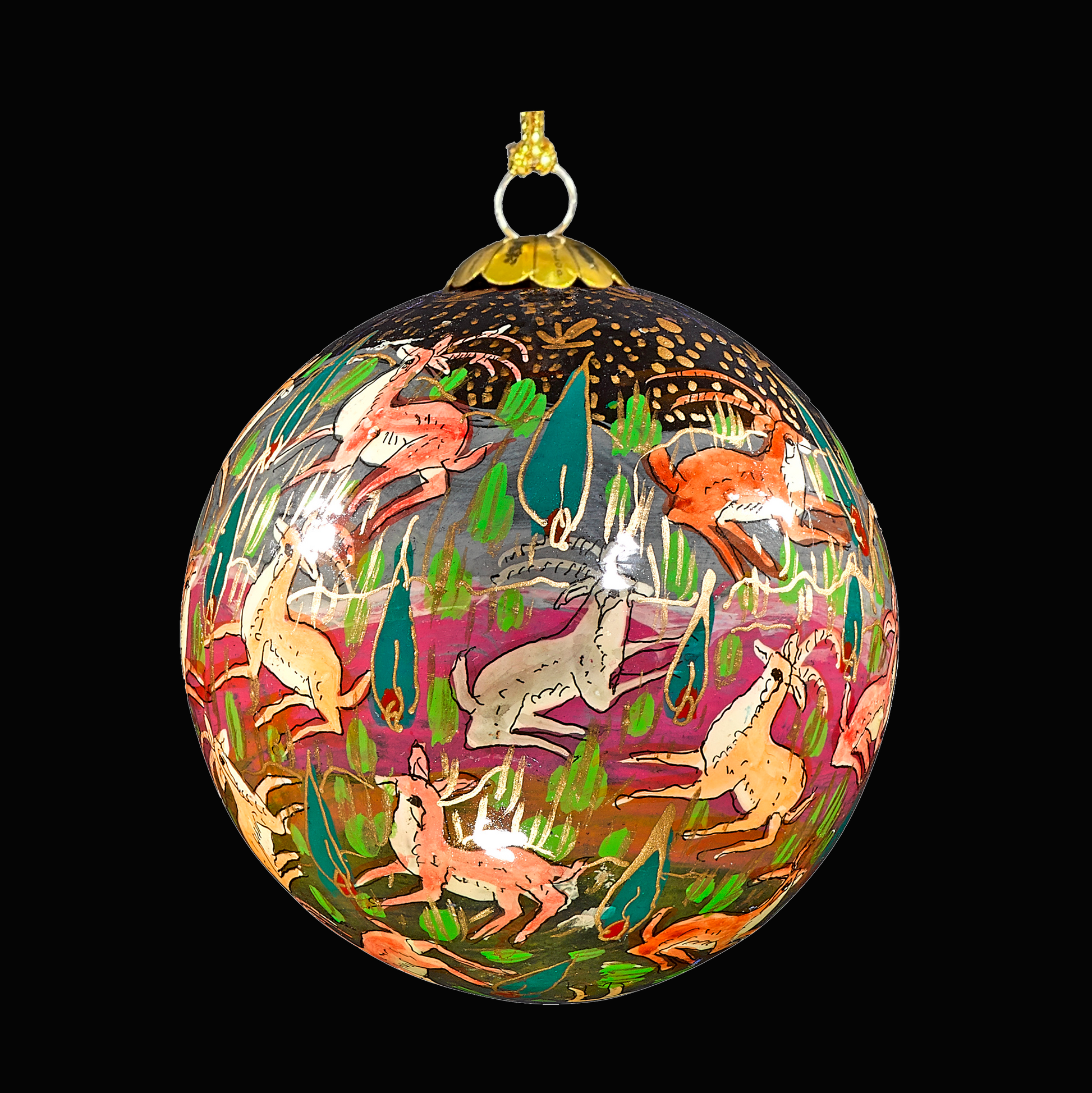 Decorative Christmas hanging bauble with animal illustrations on a black background