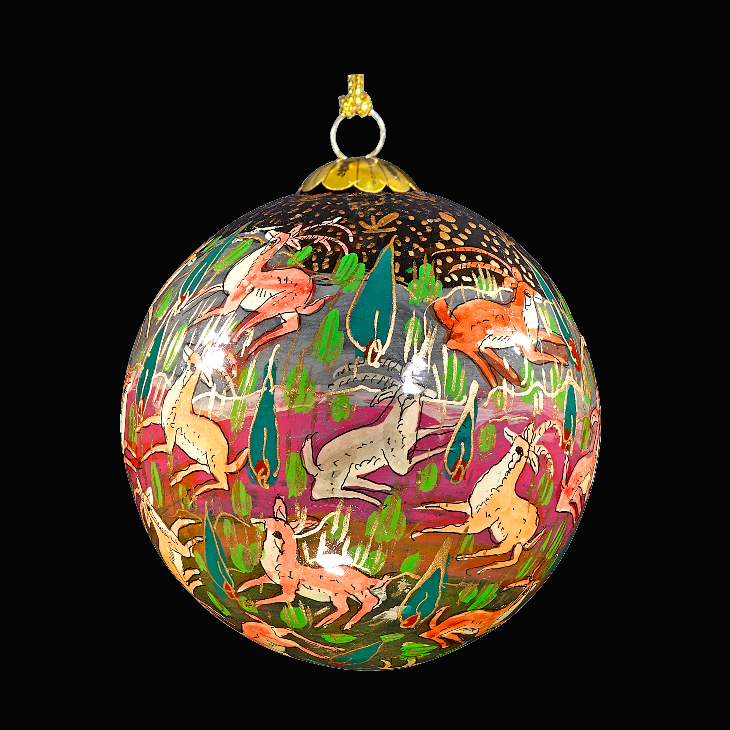 Decorative Christmas hanging bauble with animal illustrations on a black background