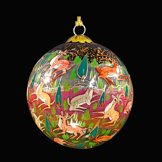 Decorative Christmas hanging bauble with animal illustrations on a black background