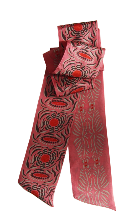 Red and black patterned silk skinny scarf