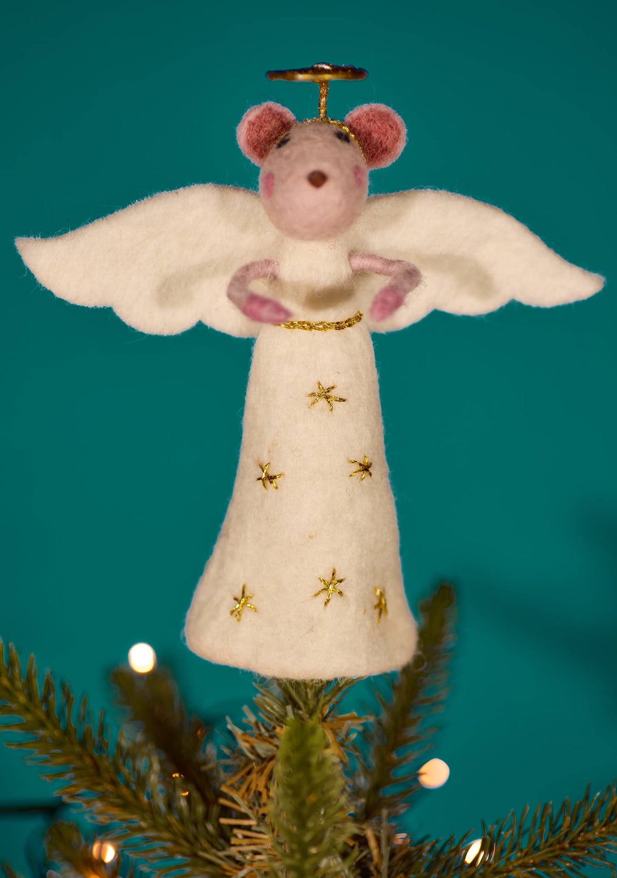 White felt mouse angel Christmas tree topper with open wings and gold halo