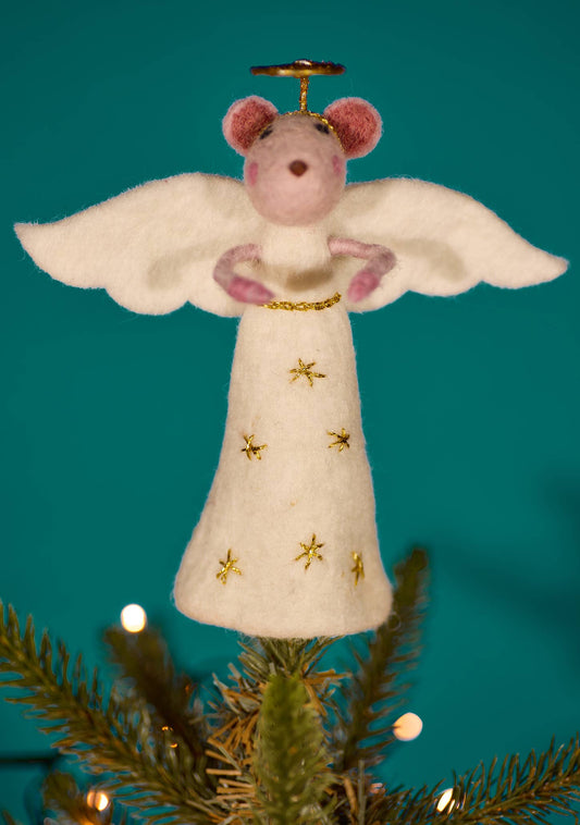 White felt mouse angel Christmas tree topper with open wings and gold halo