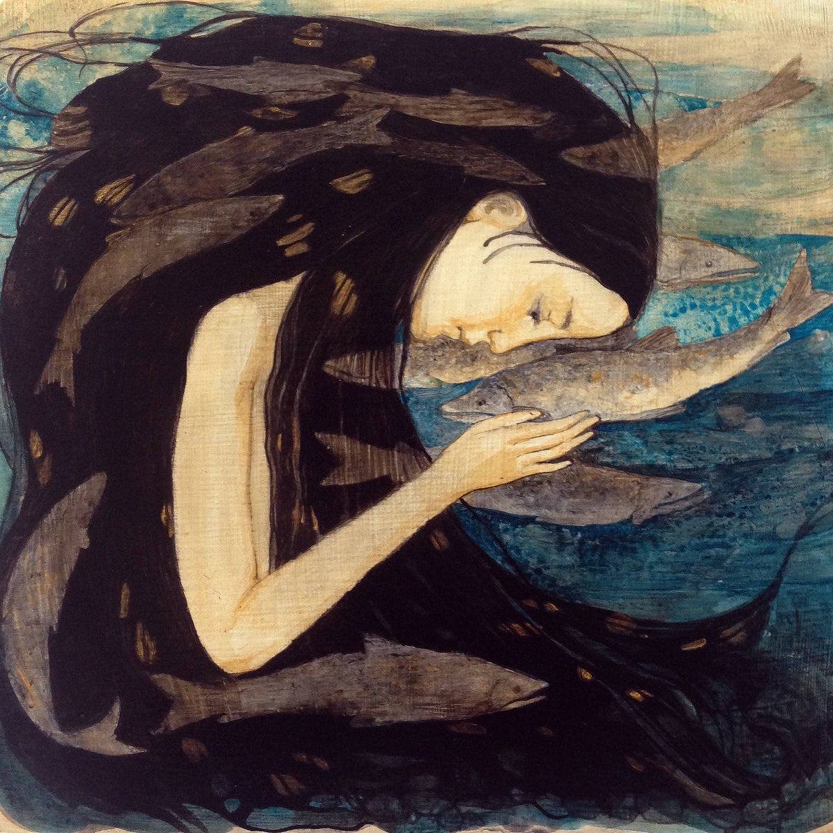 Salmon Song greetings card by Scottish artist Lucy Campbell, printed from an original painting, 15 x 15cm