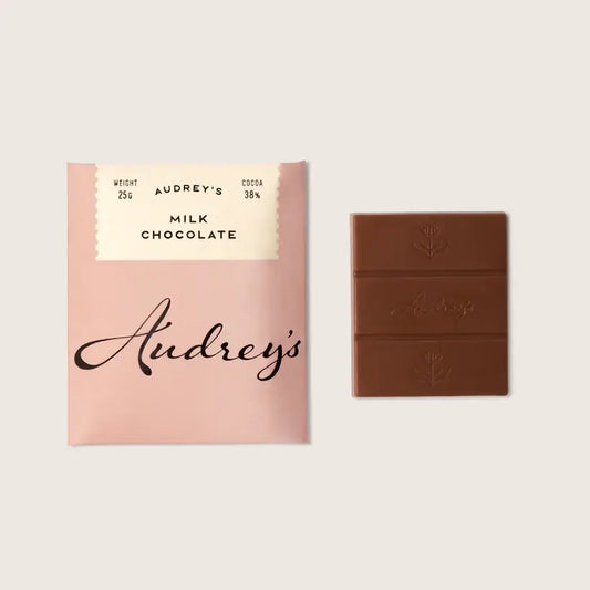 Audrey's Chocolates mini milk 38% chocolate bar, individually wrapped