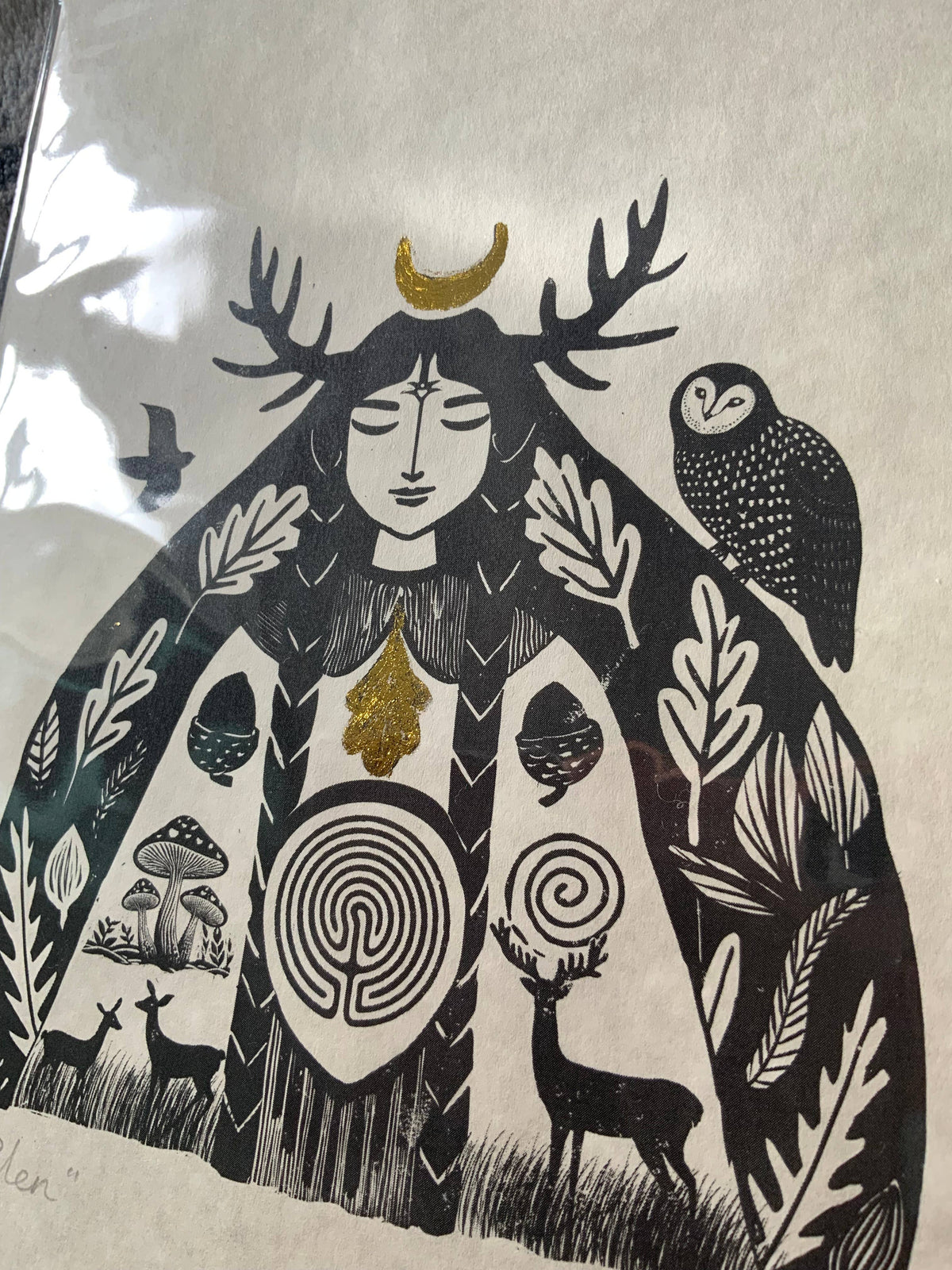 Elen of the Ways A4 print by Spirit of Lemuria shown with its cello sleeve and backing board
