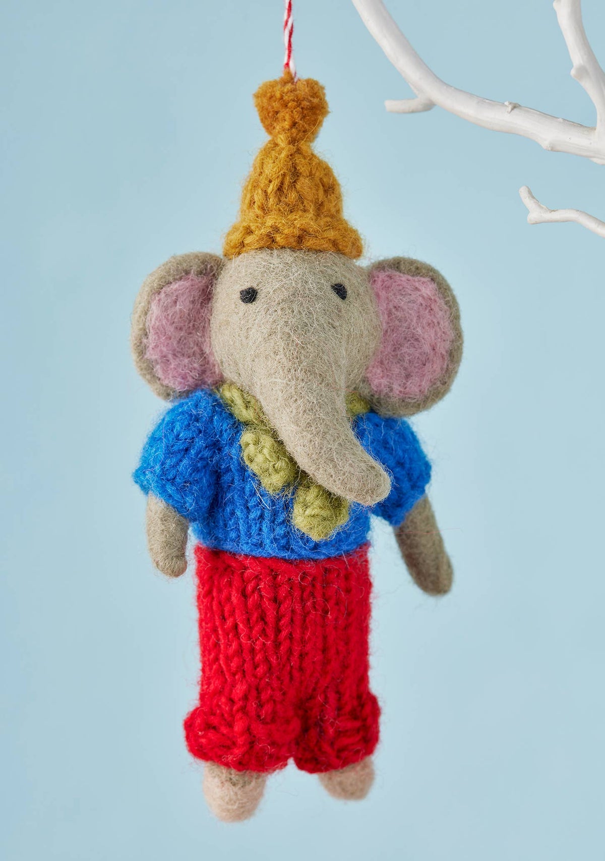 Fair Trade felt elephant Christmas decoration hanging on a tree