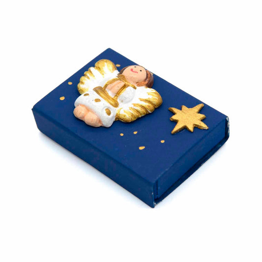Miniature nativity scene in a navy matchbox, handmade in Peru