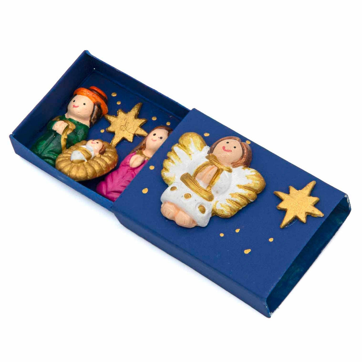 Detail of tiny painted nativity figures in a matchbox
