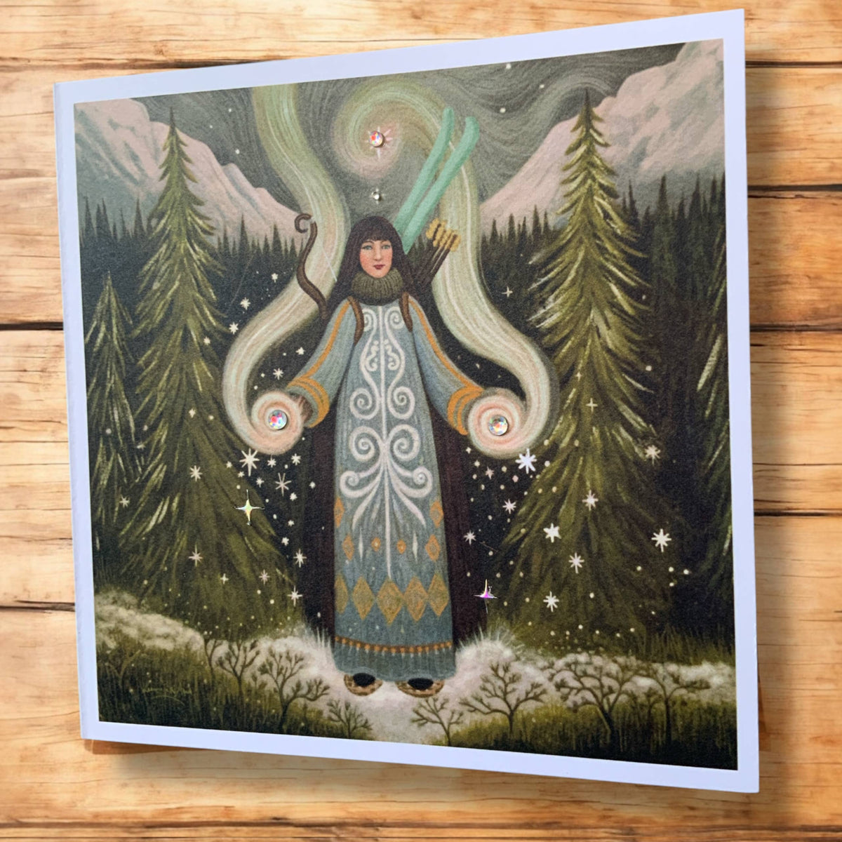 Skadi Norse snow goddess greetings card, folk art painting by Glastonbury artist Leanne Ta'Iki Anawa