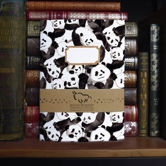 Notebook with panda pattern cover among vintage books