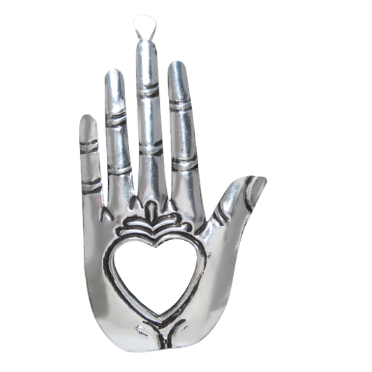 Silver hand-shaped pendant with heart mirror
