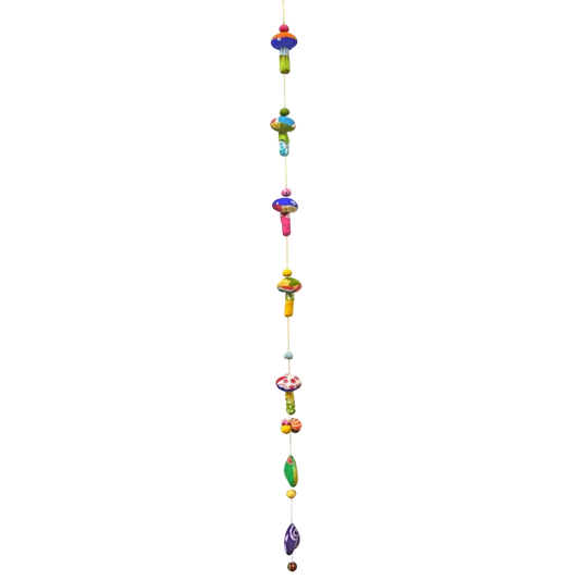 Colorful beaded hanging ornament on a white background